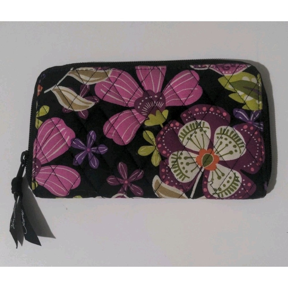 Vera Bradley Quilted Floral Pink & Black Zip Around Wallet